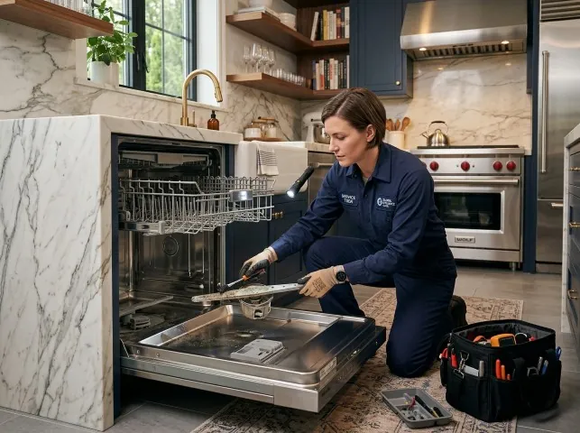 Appliance Repair Hero technician servicing a built-in dishwasher in a Boonville, NC kitchen