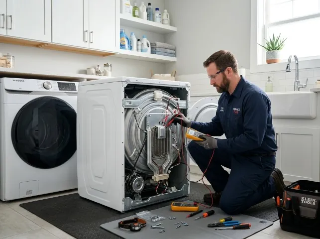 Appliance Repair Hero technician checking a dryer heating element with the rear panel off in Boonville, NC