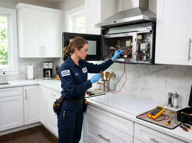 Appliance Repair Hero technician testing an over-the-range microwave in a Boonville, NC kitchen