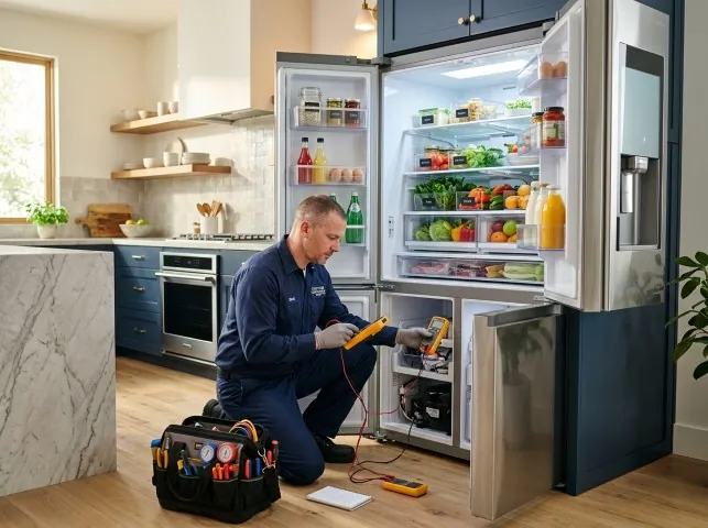 Appliance Repair Hero refrigerator technician testing a fridge on a Boonville, NC service call