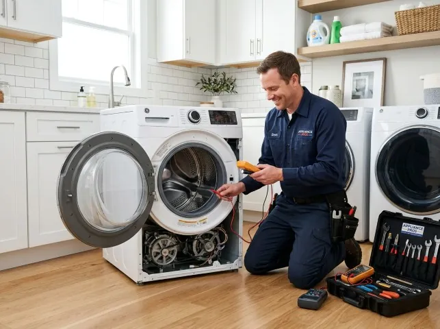 Appliance Repair Hero technician testing a front-load washer with a multimeter on a Boonville, NC service call